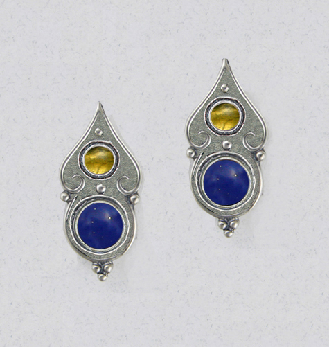 Sterling Silver Gothic Look Post Stud Earrings With Lapis Lazuli And Citrine